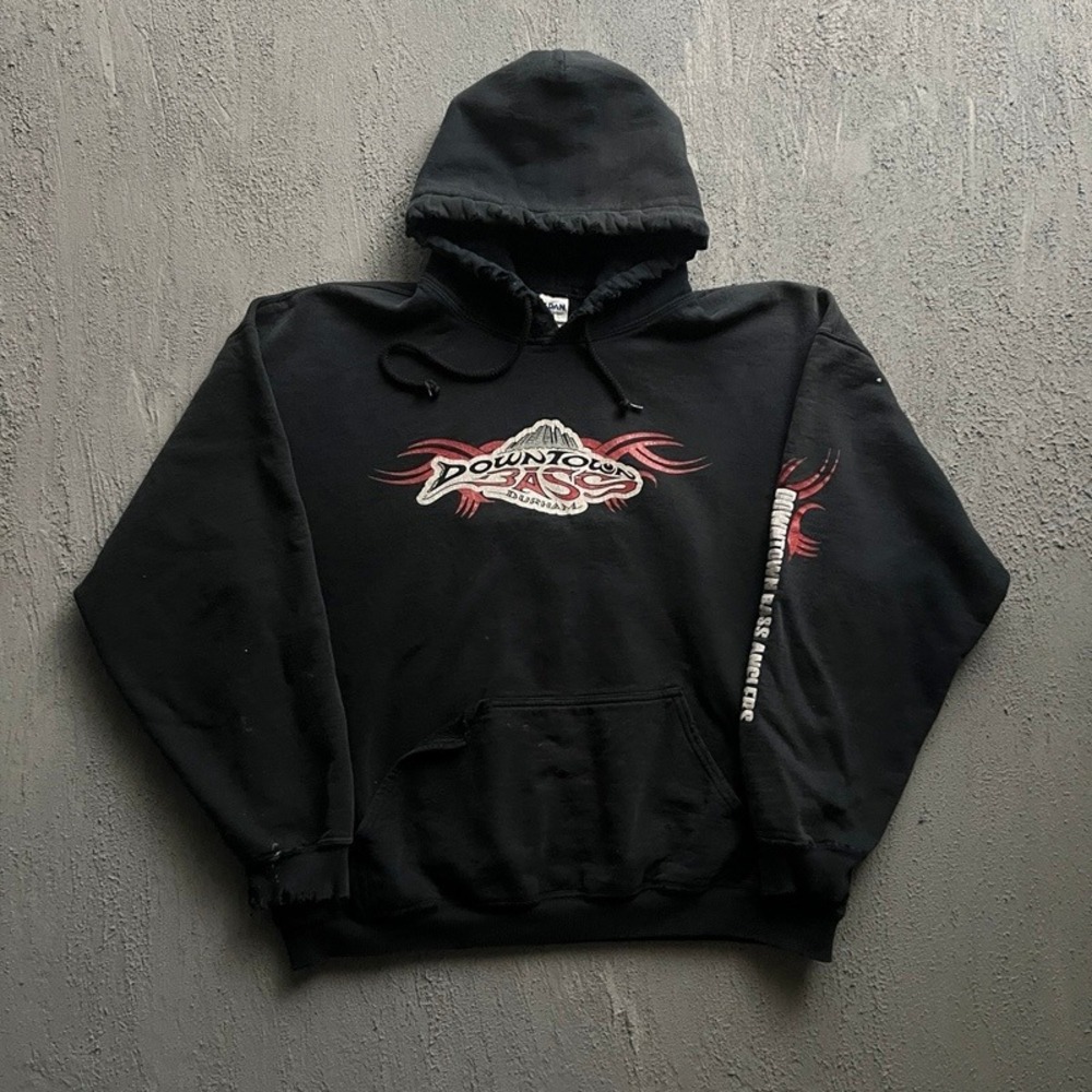Vintage Downtown Bass Durham Hoodie XL Black 2000s Y2K Distressed
